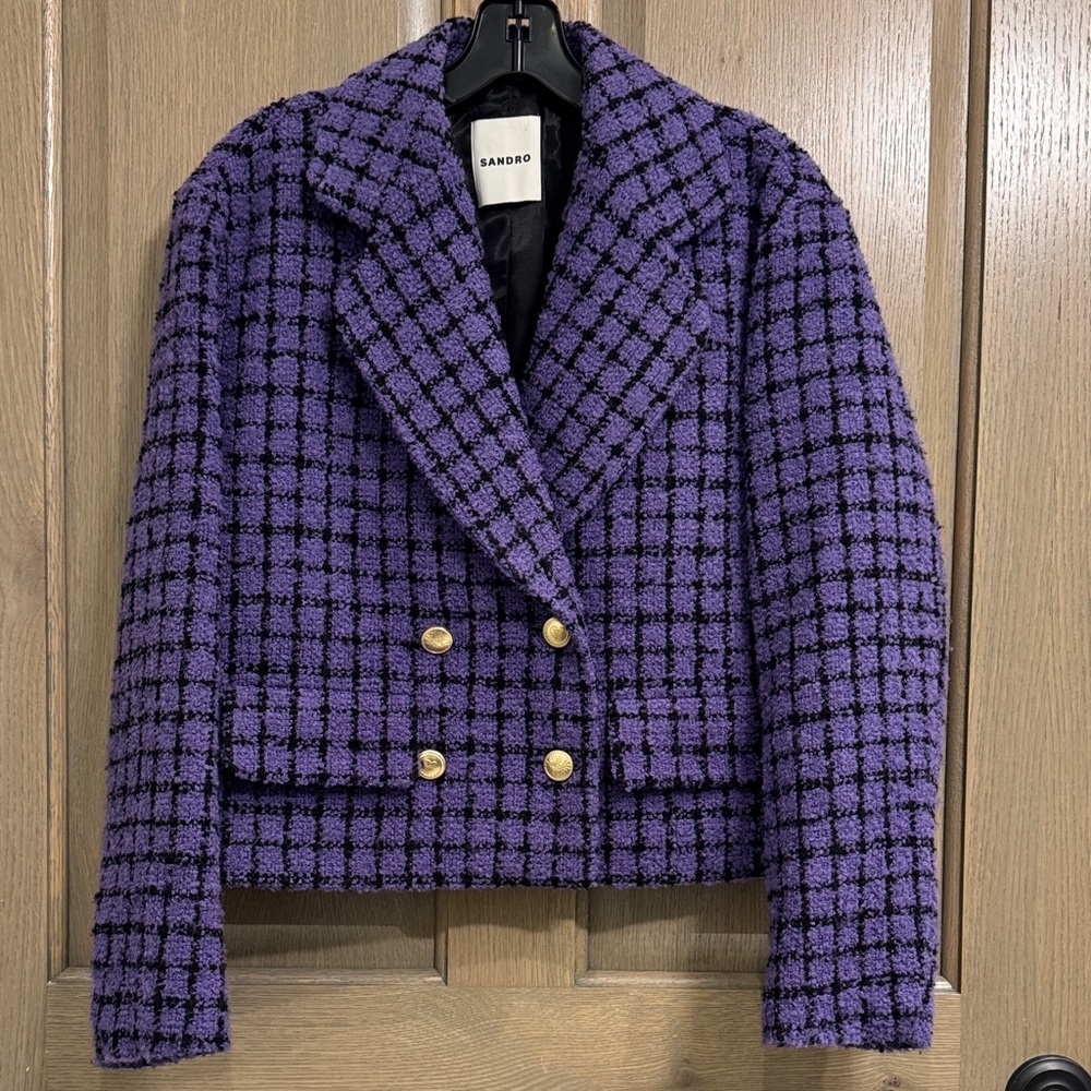 Sandro Women's Purple and Black Check Blazer Size 34/XS